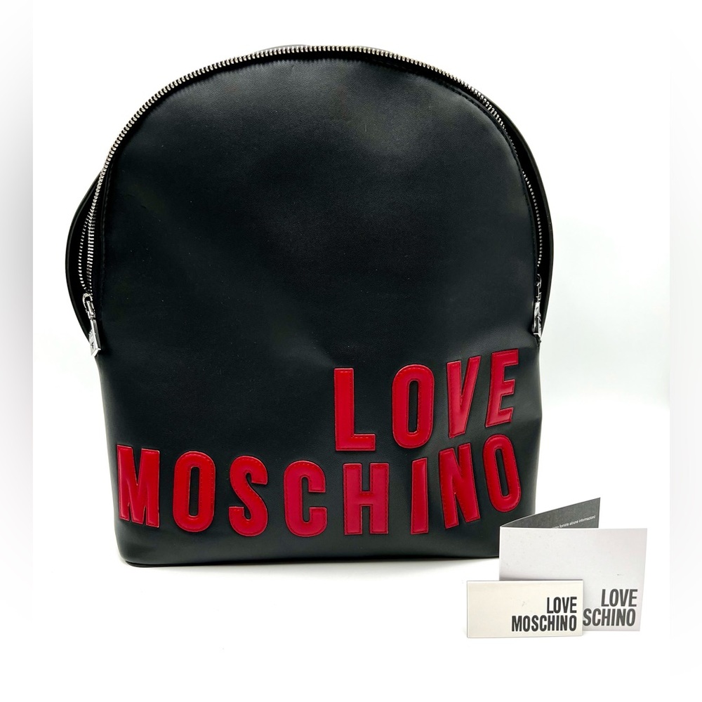 New Love Moschino Black/Red Faux Leather backpack, with dust bag.